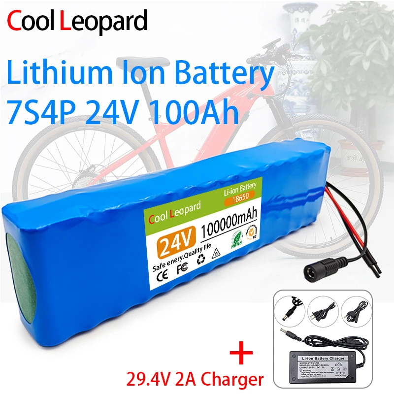 

New 18650 7S4P 24V 100Ah Rechargeable Lithium Battery Pack,for E-bike Electric Bicycle Moped Scooter Battery+ 29.4V Charger