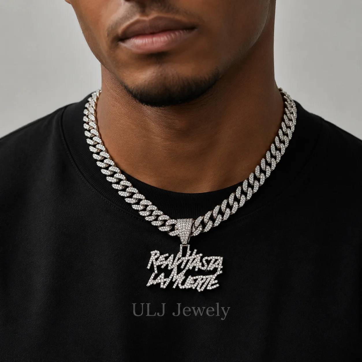ULJ Men Women Hip Hop realhasta lamuerte Letter  Pendant Necklace 12MM Cuban chain Iced out Bling Hiphop Fashion Charm Jewelry