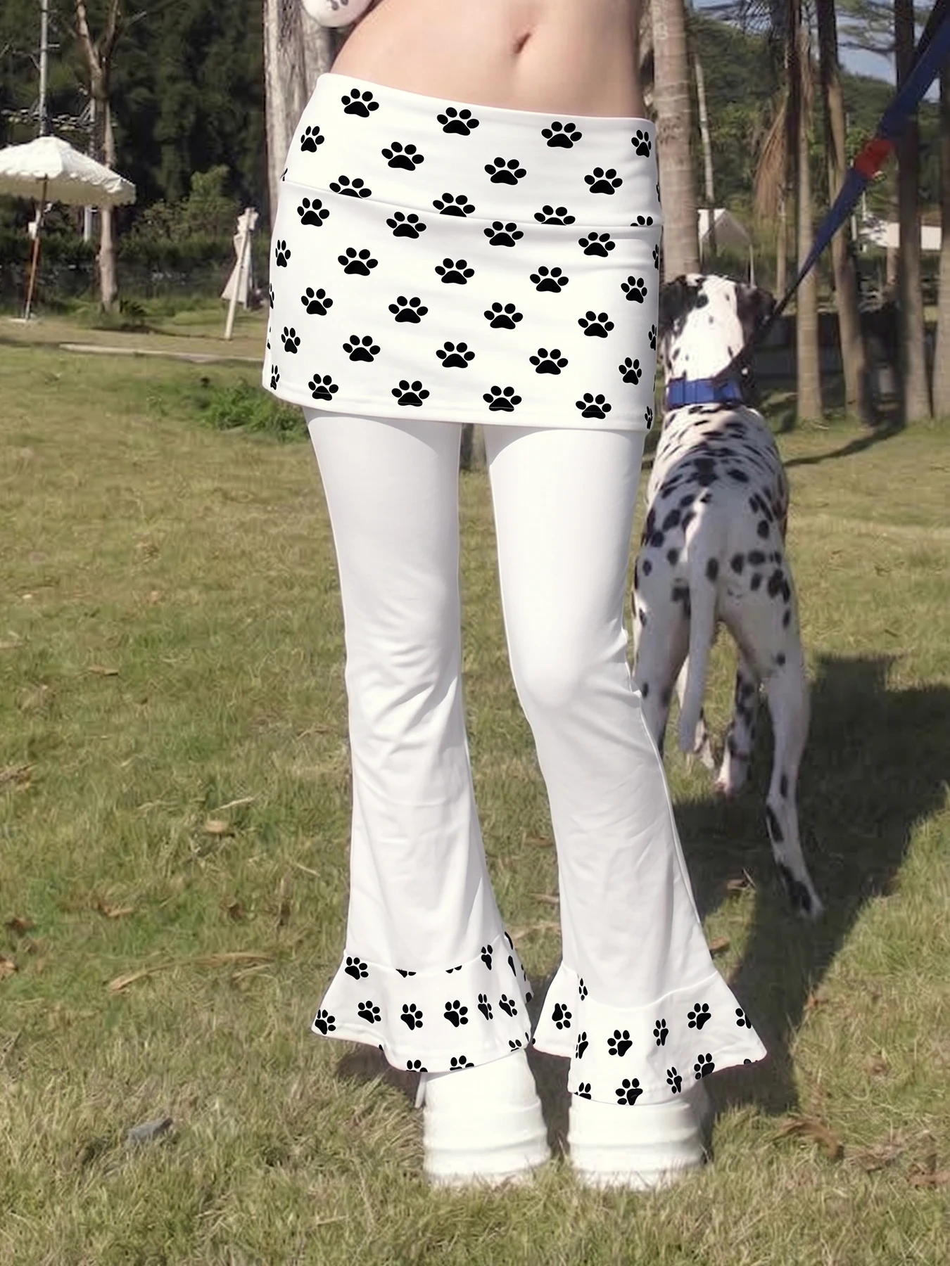 Trend Women 2 In 1 Skirted Flare Leggings Paw Print High Waist Layered Cute Animal Footprint Street Harajuku Aesthetics Trousers