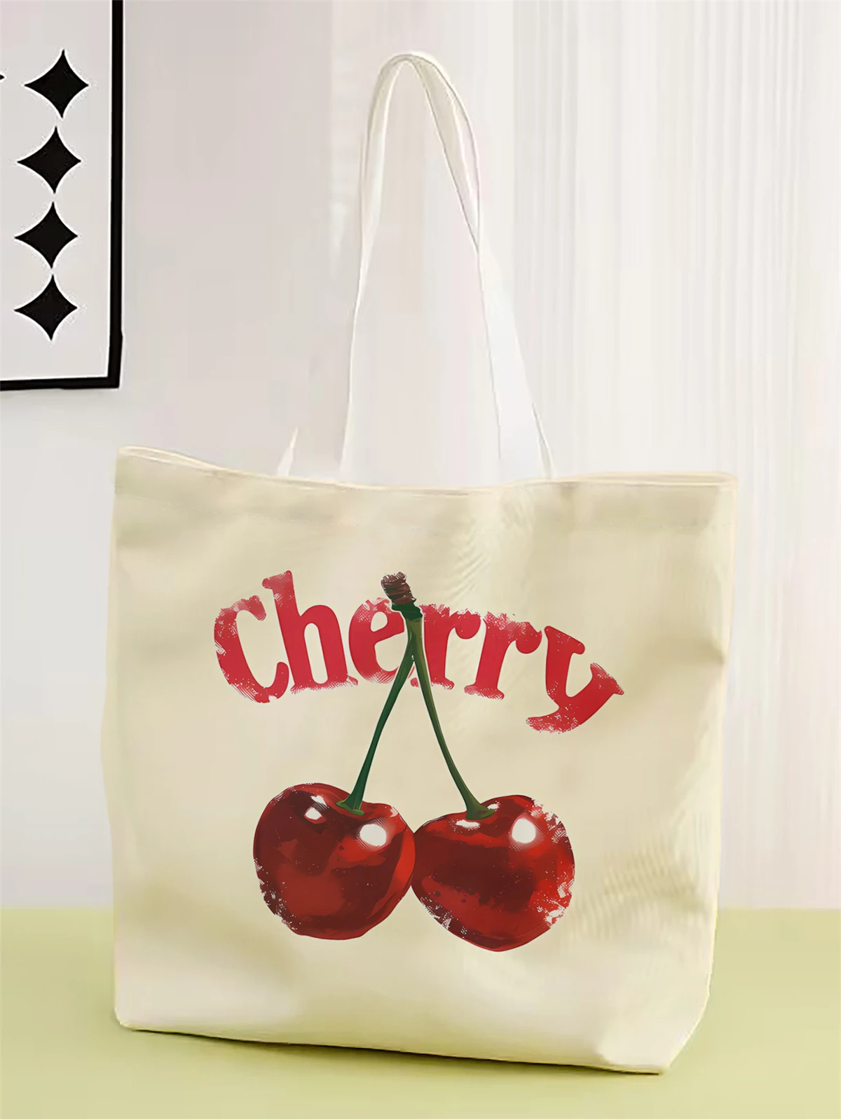 

1шт, сумка с мультяшной вишней, многоразовая модная сумка, многофункциональная сумка, холщовая сумка для покупок с принтом