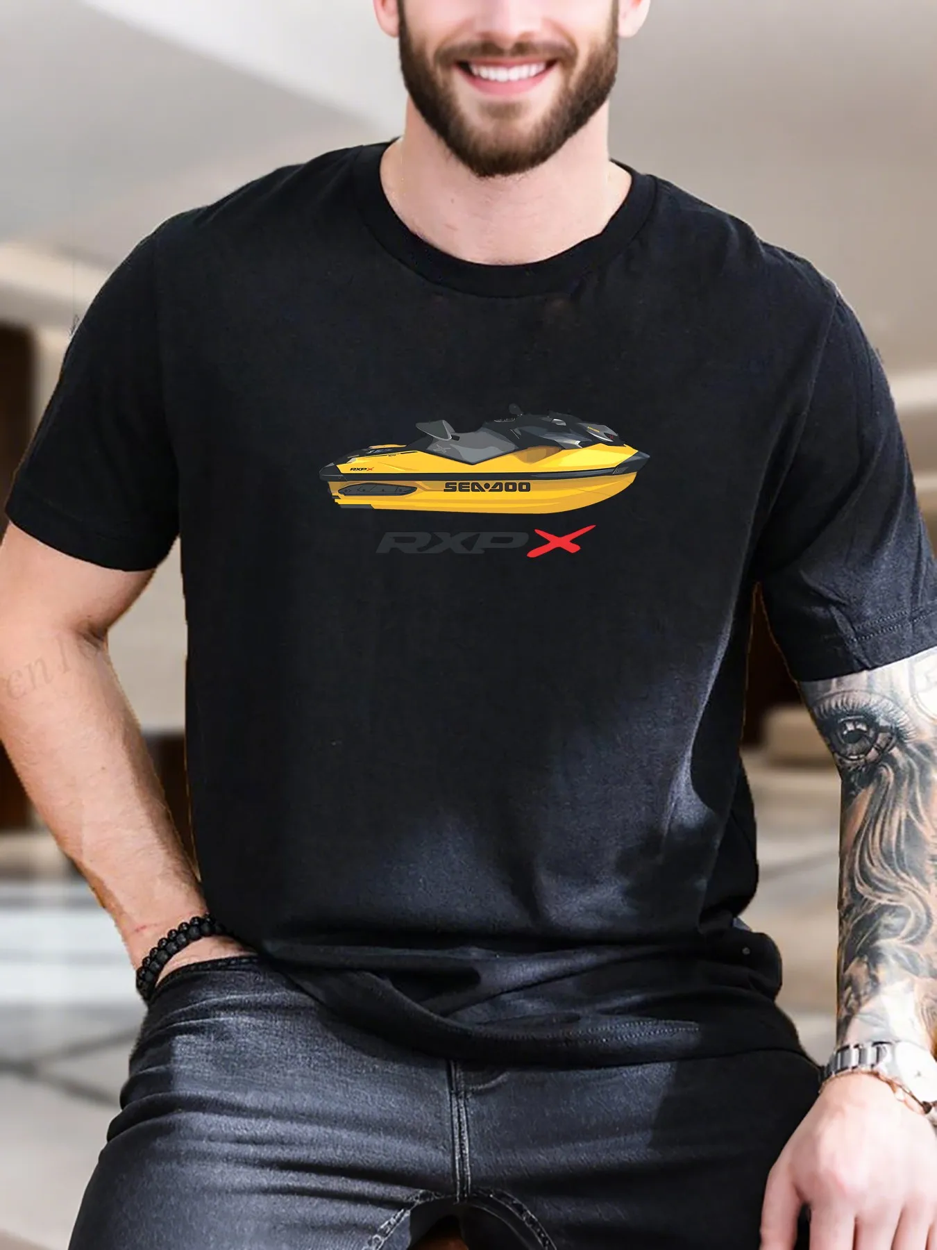 

New Arrival Fashion Men's Printed Short Sleeve T-Shirt Vibrant Yellow Black Jet Ski with Red X Design 100% Cotton Casual Tee for