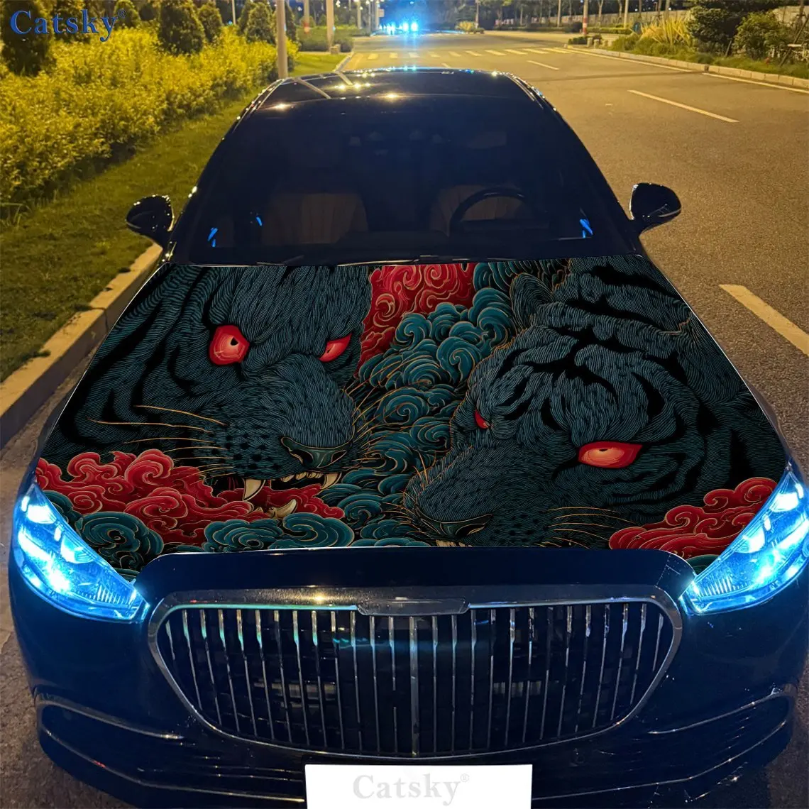 Edgy Classic Black Tigers Car Hood Vinyl Wraps Sticker, Auto Decal, Waterproof Self-adhesive Vehicle Decal, Anti-scratch Auto Ex