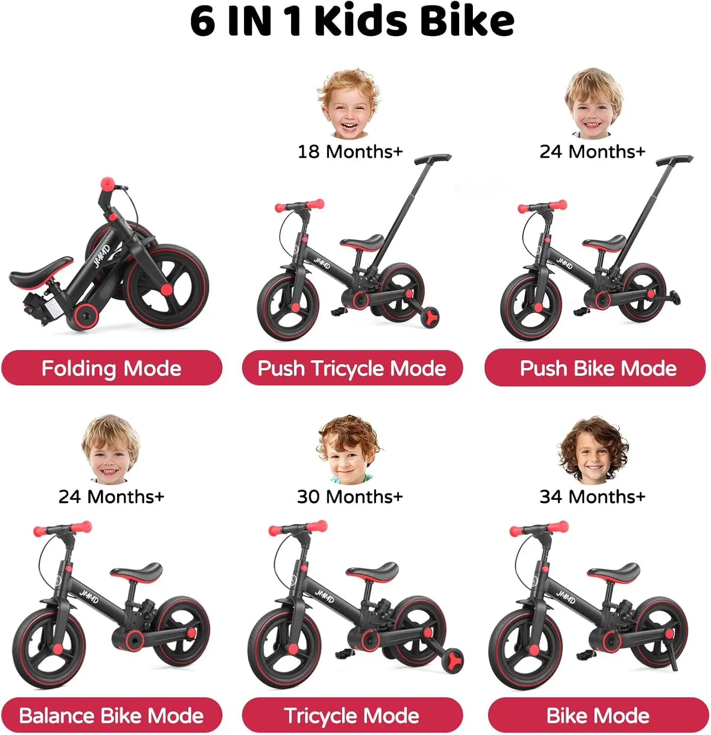 Peuterfiets met duwhandgreep voor kinderen van 18–60 maanden, 6-in-1 opvouwbare duwfiets met zijwieltjes, pedalen, remmen, standaard,