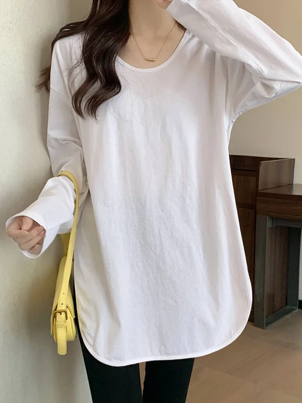 Camiseta Feminina Longa de Inverno Nova Coreana Solta Grande Branca para Camadas Versátil Confortável de Malha