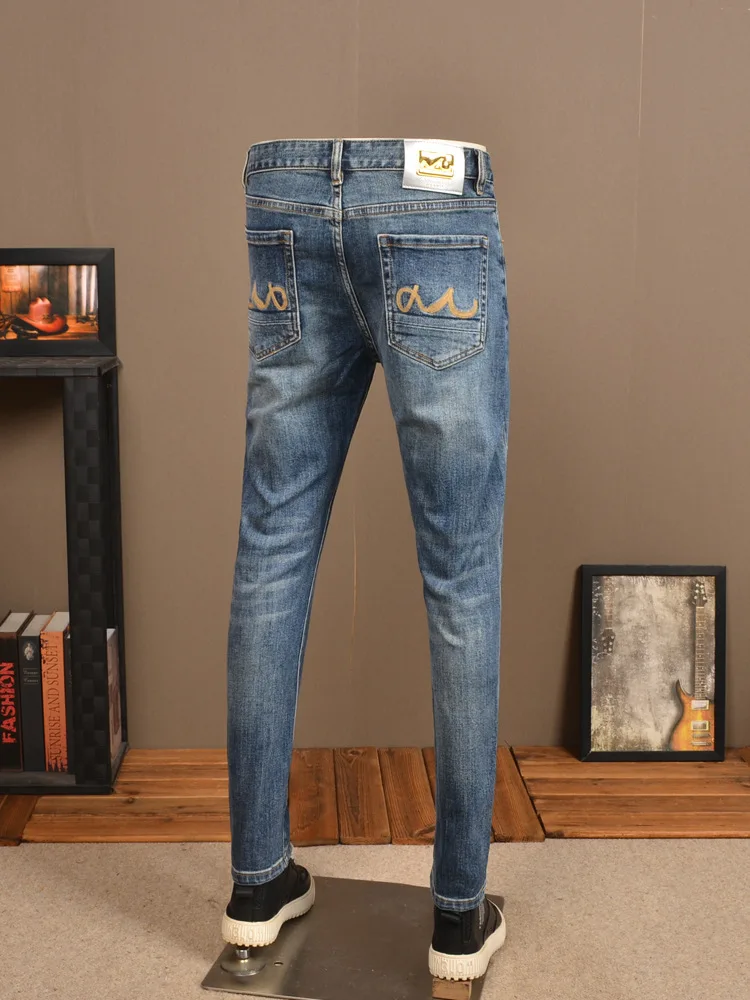 High-End Jeans Men's Classic Simple Slim Fit Skinny Stretch Retro Embroidered Fashion Wash Blue Trousers