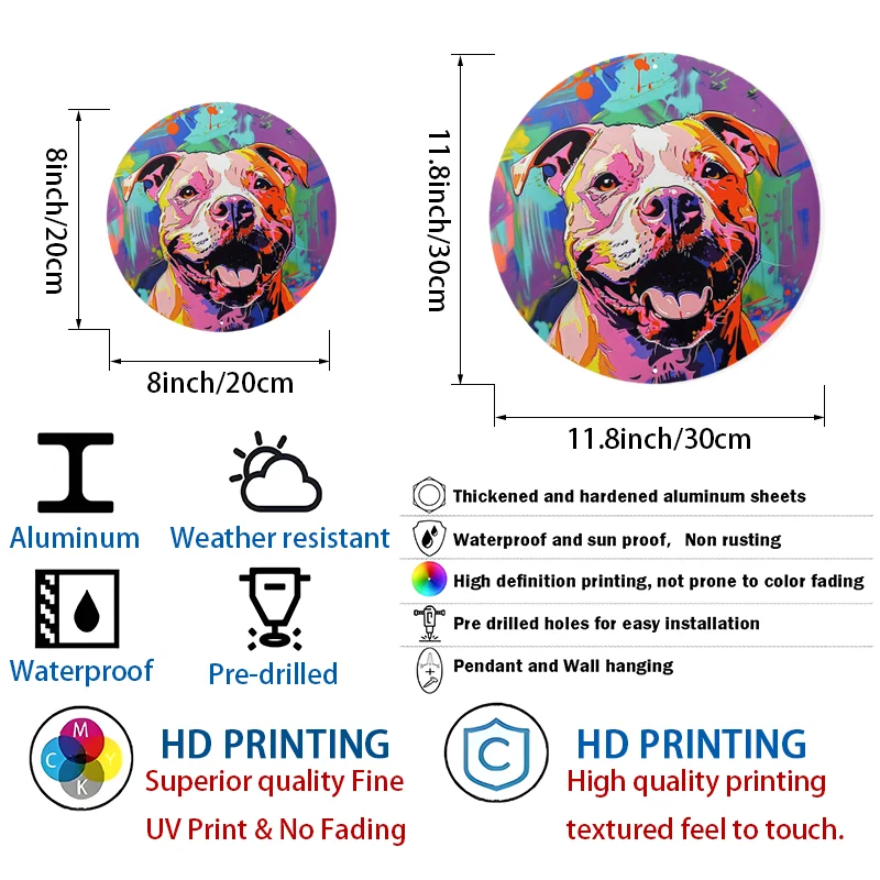 Colorful Pitbull Dog Portrait Round Aluminum Wall Sign, UV and Scratch Resistant, Easy-Hang Decoration, Wall Art, Home Decor