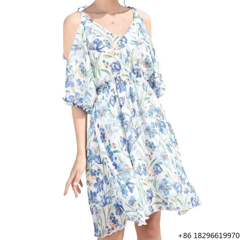 cross-v-neck-position-print-a-line-sweet-casual-two-color-woven-beach-dress