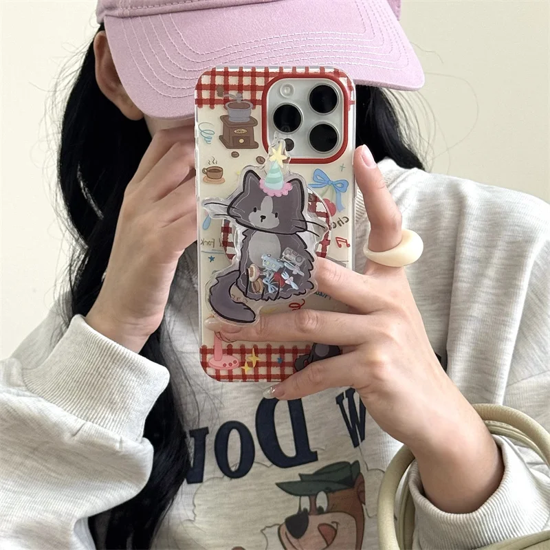 

Fashion Cute Cartoon Cat Magnetic Phone Case For iPhone 16 Pro 15 14 Pro Max Back Cover with Stand Shockproof Case Funda