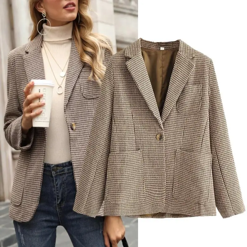 

November WMDR Women's R2865 Faionable Versatile Plaid Casual Jaet Polyester Fabric Commute Sle Long Sve Straight Cut