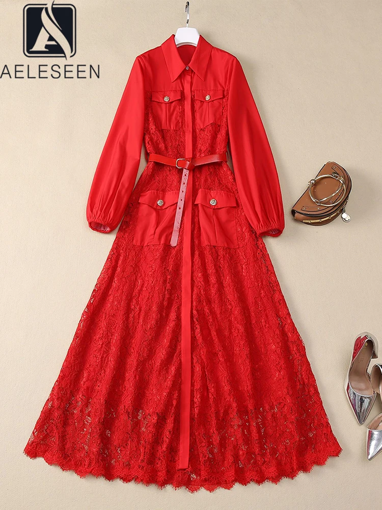 AELESEEN Office Ladies Lace Dress Women Autumn Turn-down Collar Design Fashion Patchwork Pockets Belt Elegant Long Female