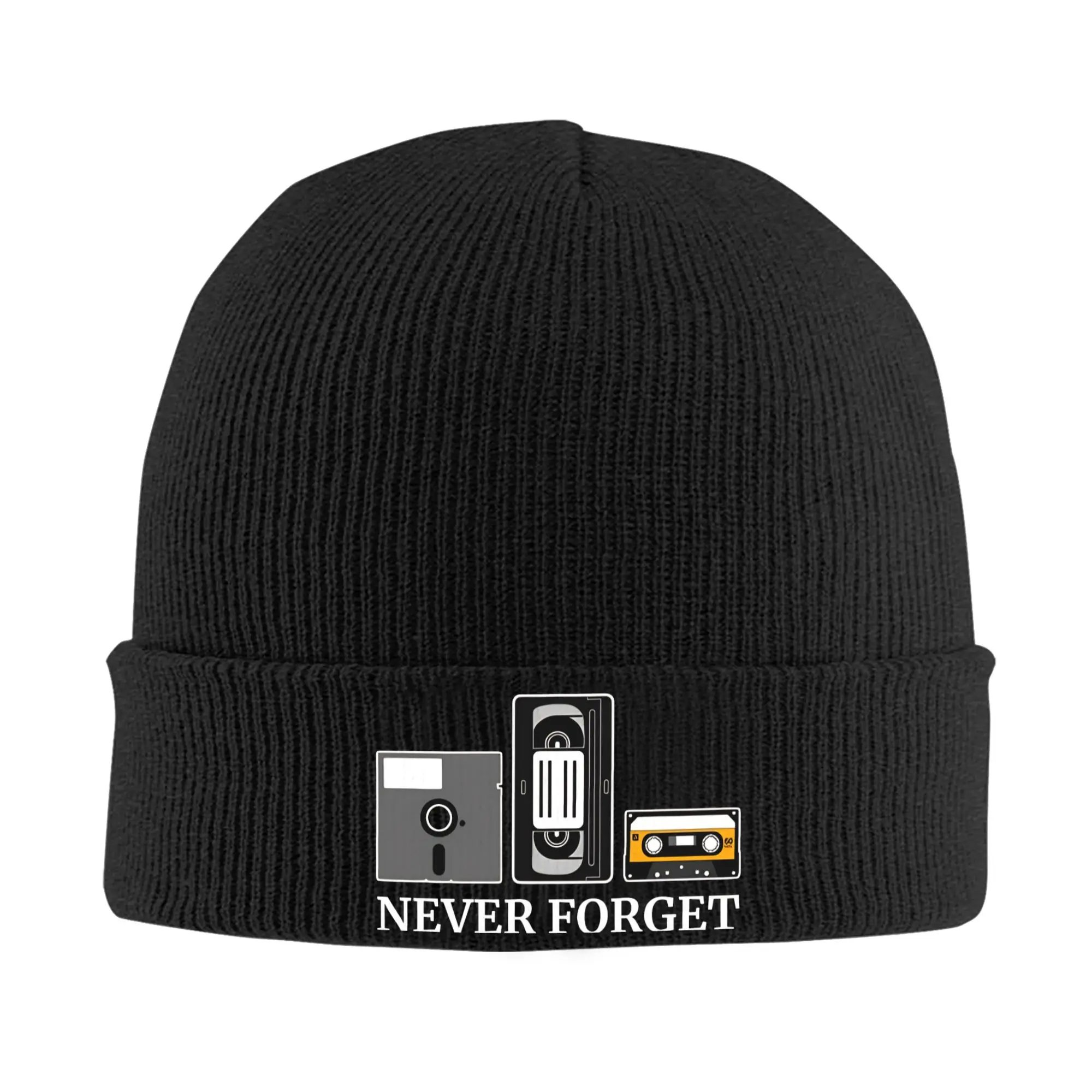 Never Forget Floppy Disk Vhs Cassette Tape Knitted Hat  Beanie Hats  Thermal Elastic Men Women Bonnet Hats Autumn Winter Caps
