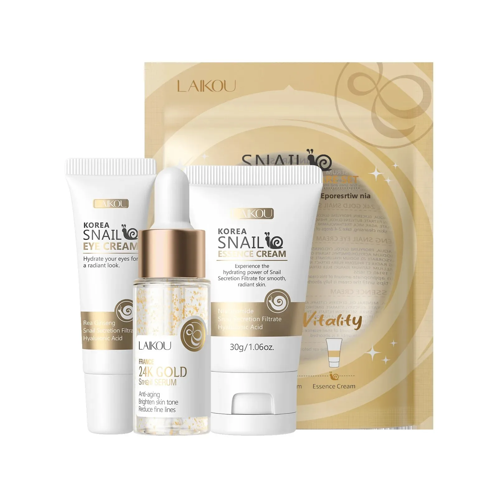 Luxury 24K Gold Infused Snail Repair Serum Eye Cream Essence Set Moisturizing Smoothing Fine Lines Minimizing Pores