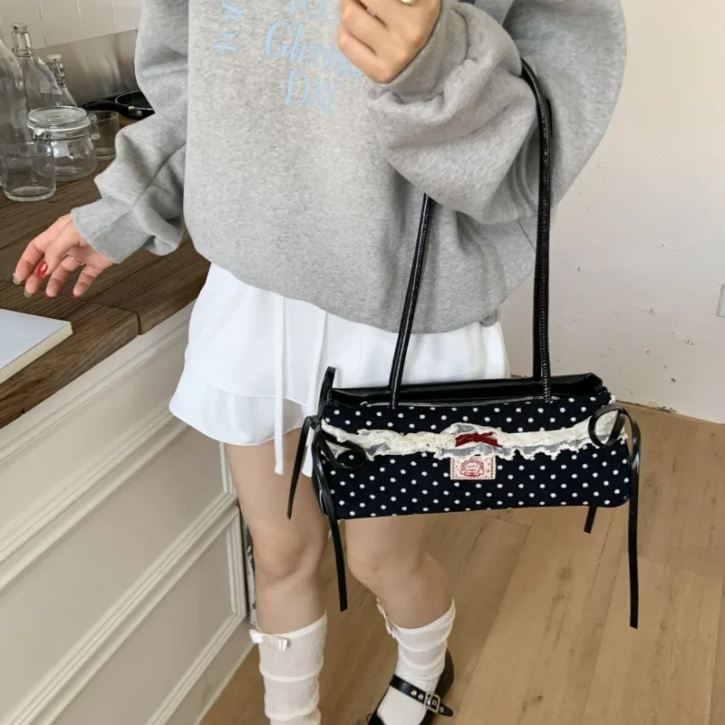 

2026 Black Polka Dot Lace Bow Underarm Bag, Cute Retro Style PU Tote Purse,Sweet Y2K Style for Daily Use, Party & Casual Outings