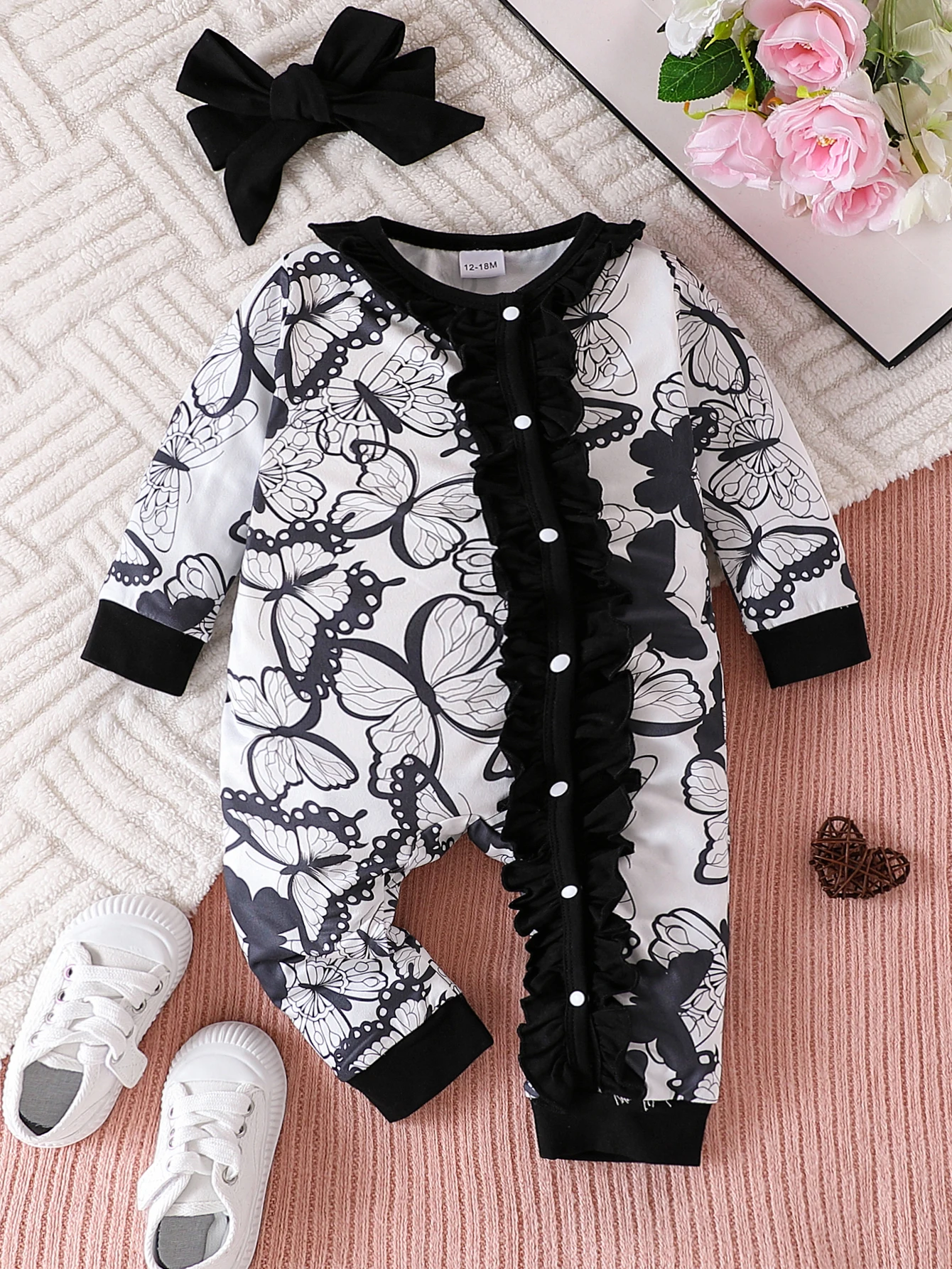 

Autumn 2PCS Newborn Baby Girl Clothes Long Sleeve Romper+Headband for 1-18Months Infant Butterfly Pattern Jumpsuit Daily Wear