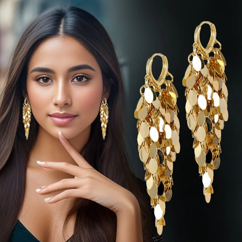 Ladies' Gorgeous Sparkling Dangle Earrings Fashion Accessories Copper Leaf Shaped Tassel Earrings Exquisite Banquet Jewelry