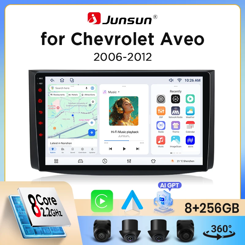 Junsun Wireless CarPlay Android Auto Autoradio für Chevrolet Aveo Mk1 (T250) 2006-2011 mit integriertem Lüfter, Android GPS-Navigation, Multimedia-Player, WiFi, DSP, RDS, BT, SWC, IPS-Touchscreen,