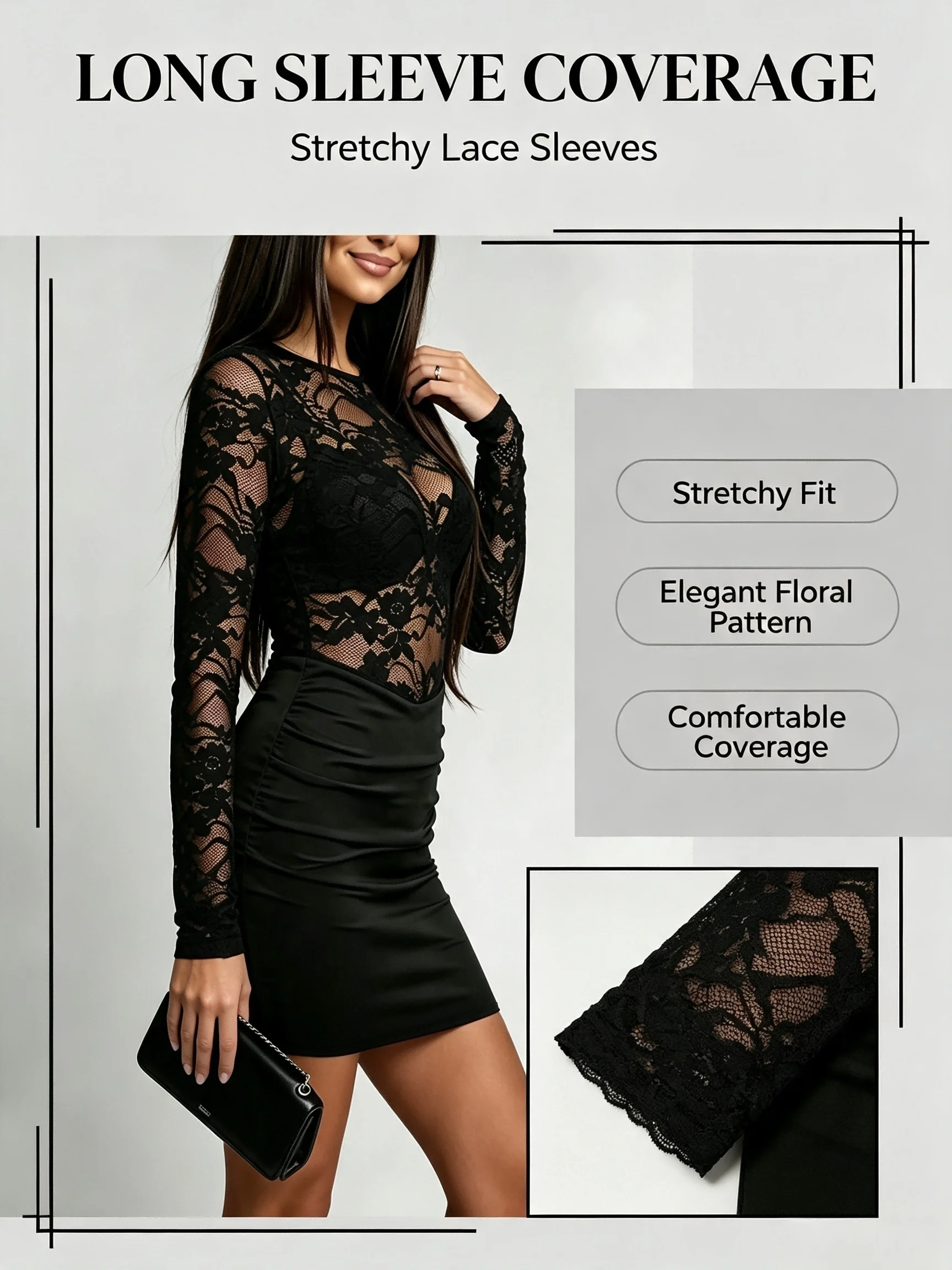 Figurbetontes Minikleid für Damen, Langarm, Blumenspitze, Transparente Einlage, Geraffte Taille, Schlankes Schwarzes Party-Clubkleid – Detail 4