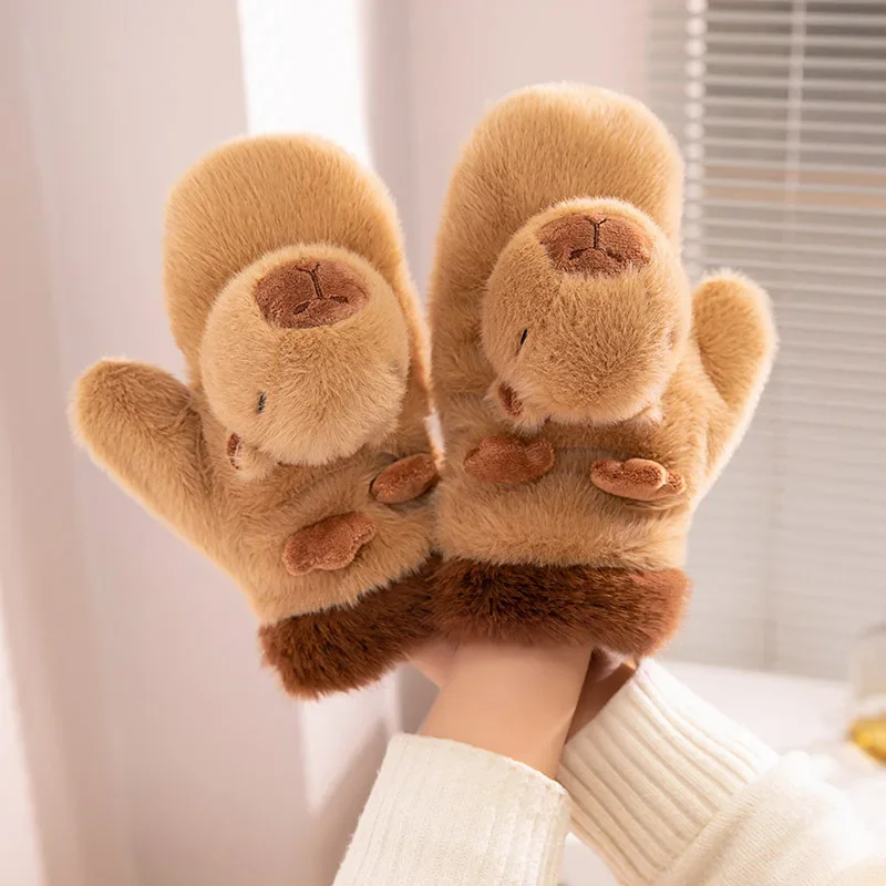 Girls Capybara Plush Glove Cute Soft Thickened Plush Fluffy Winter Keep Warm Gloves Cold Protection Windproof Cycling Mittens