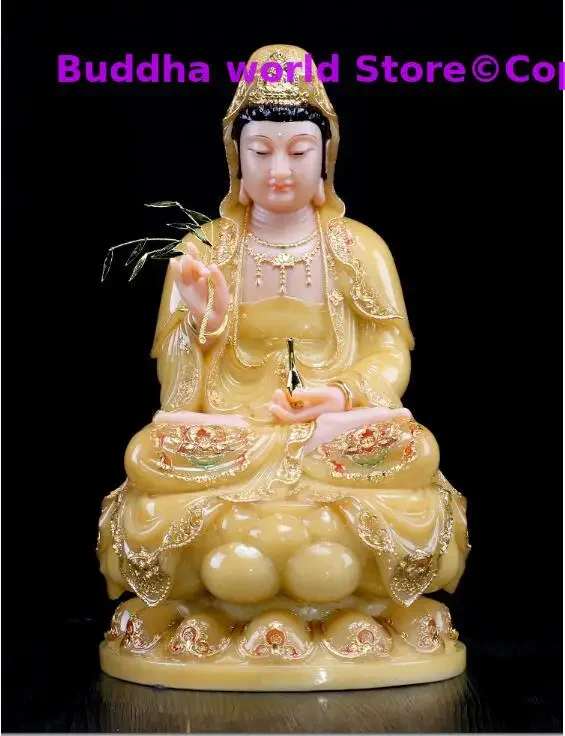 High grade Yellow jade gilding Guanyin Buddha home Temple efficacious Talisman Mascot carving Sculpture statue 30cm