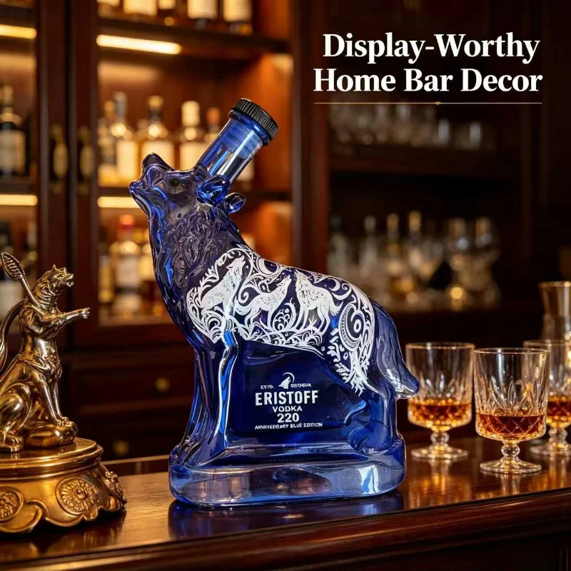 350ml Blue Wolf Figurine Glass Liquor Decanter Unique Animal‑Shape Bottle Ornament for Home Bar Display Housewarming Gift