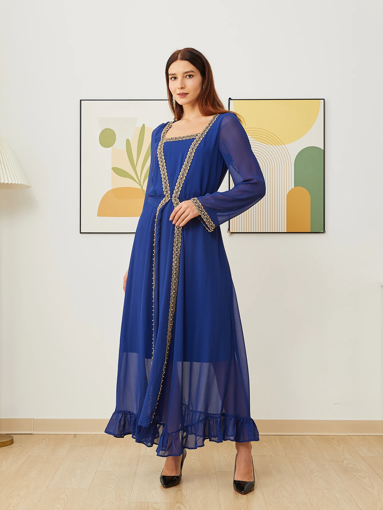 

French-style retro square-neck chiffon long-sleeved lace wrap-around slimming and elongating dress