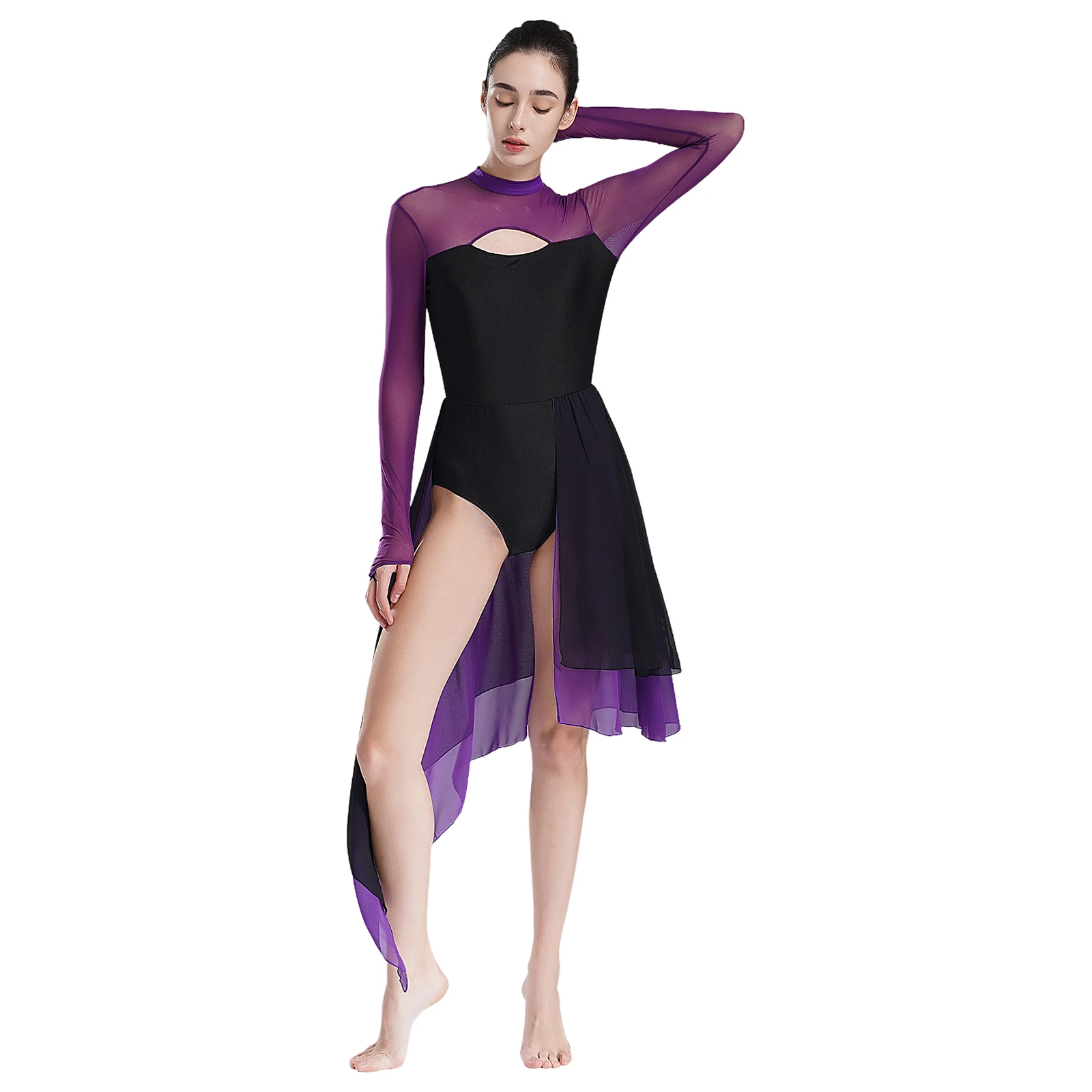 Womens Lyrical Ballet Dance Leotard Prom Party Dresses Open Front Irregular Cutout Backless Sheer Long Sleeve Modern Dancewear