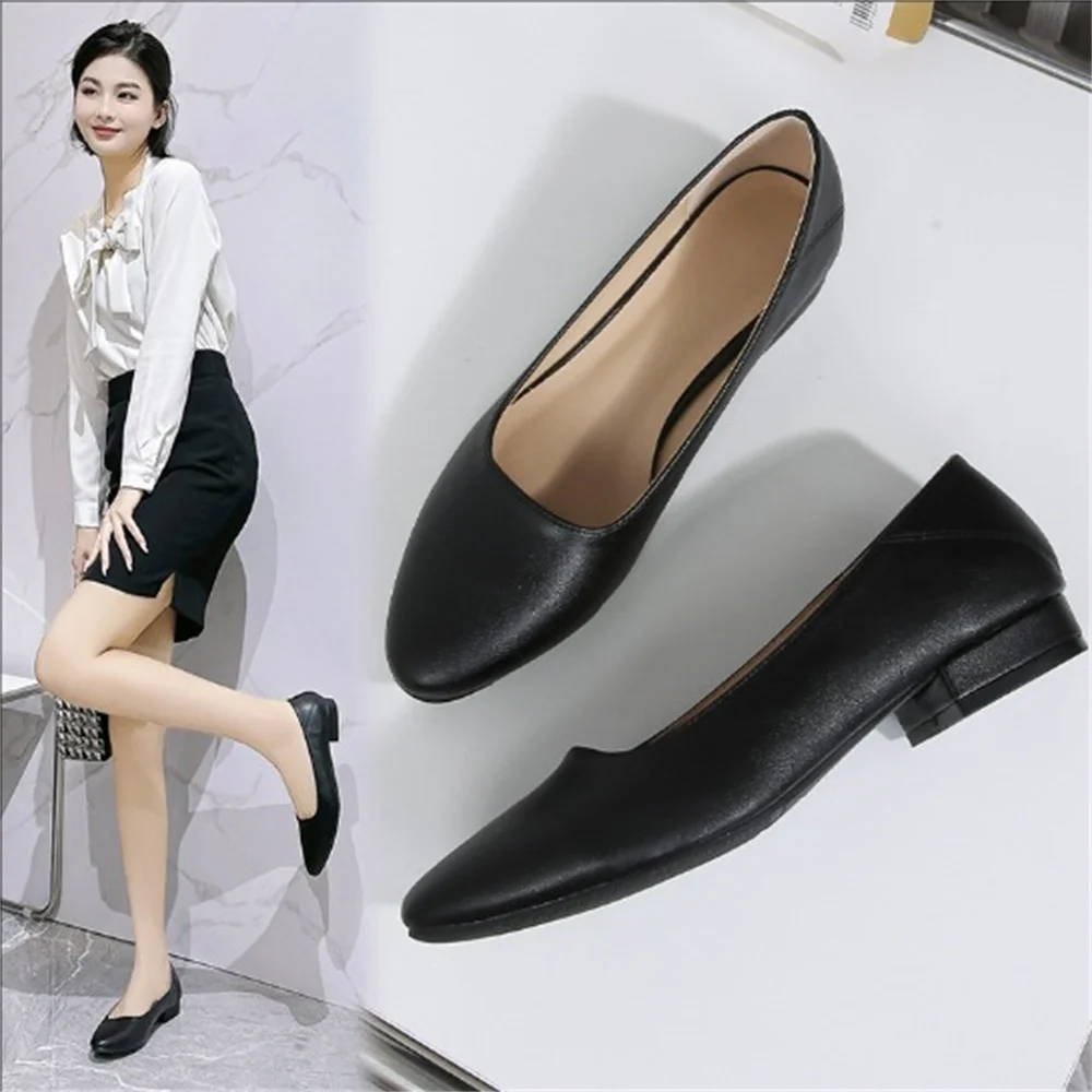 Flight attendant work women's shoes black work short heel shallow mouth soft leather low heel thick heel interview single shoes