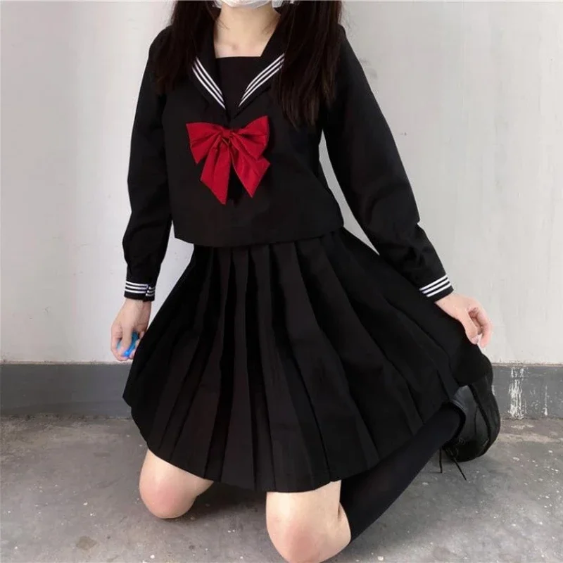 Japanese School Uniform Girls Plus Size Jk Suit Red Tie Black Three Basic Sailor Uniform Women Long Sleeve Suit