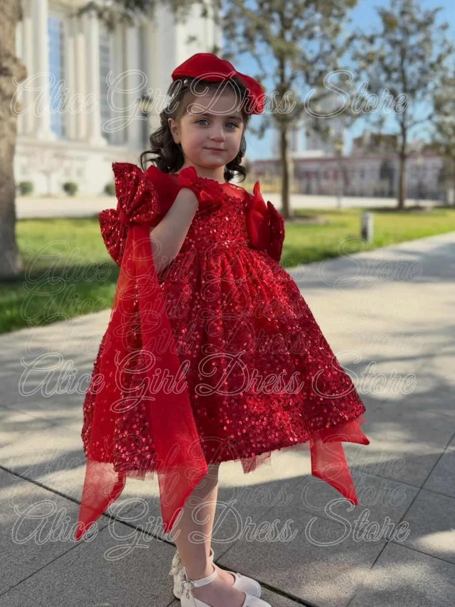 Customized Red Flower Girl Dress for Wedding with Bows Shining Sequins Knee Length Girl Birthday Gowns First Communion Gowns