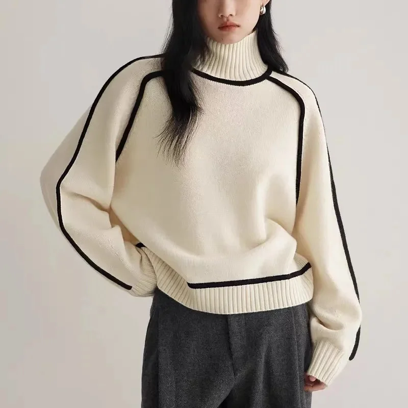 Three-dimensional Striped Slim Casual Loose Knit Top 2024 Autumn and Winter New Lazy Wind Turtle Neck Sweater Female