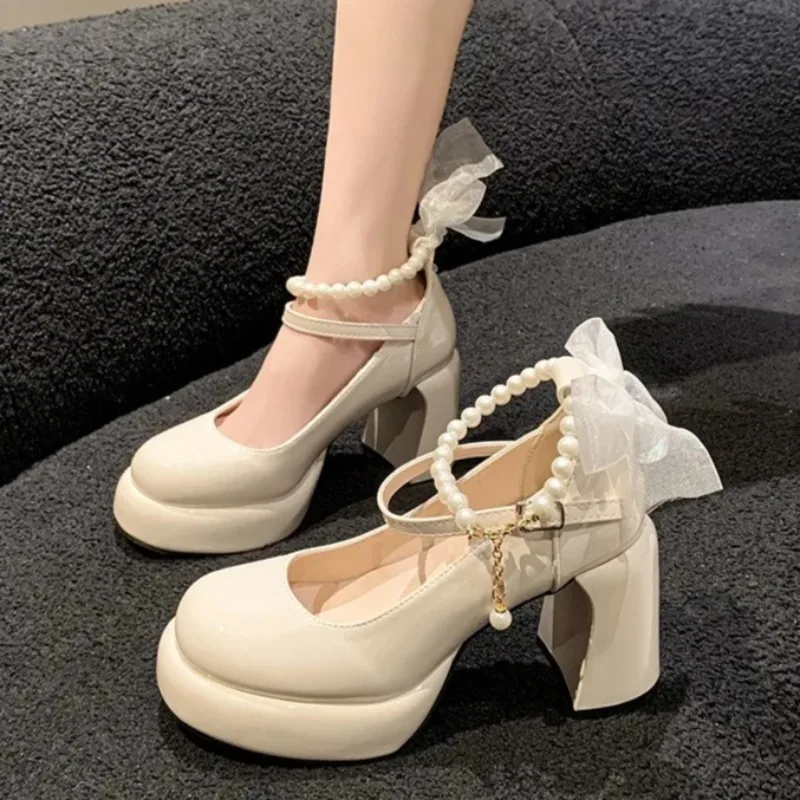 Bow Bead Mary Jane Shoes Pearl Chain Luxury Shoes for Women Coarse Order Platform Shoes Lolita White High Heels Zapatos De Mujer