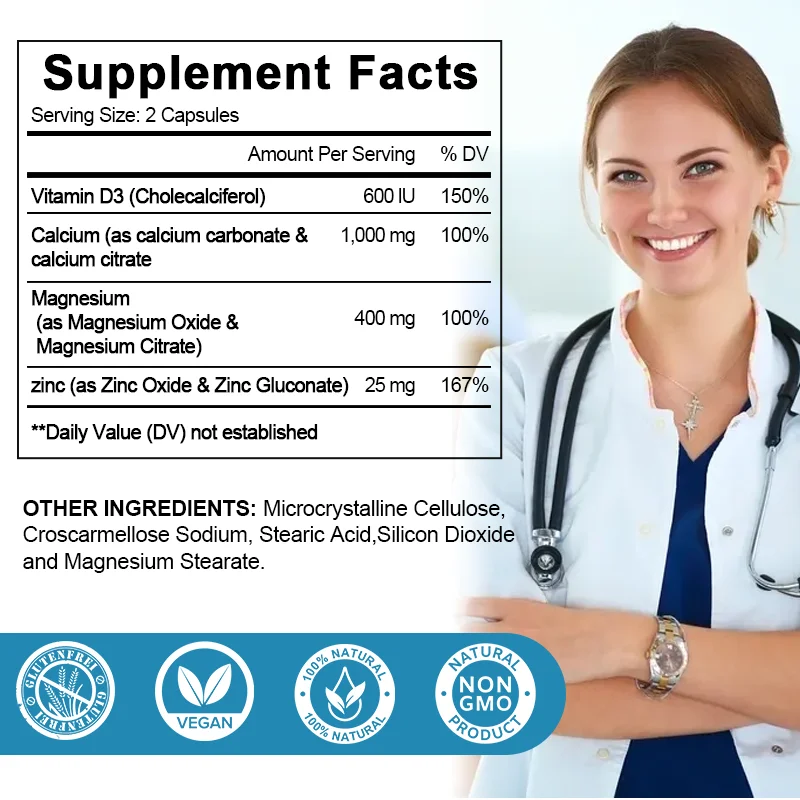 Calcium Magnesium Zinc Vitamin D3 - for Muscle, Bone, Joint, Nervous Immune System Health Capsules | Non-GMO | Gluten Free