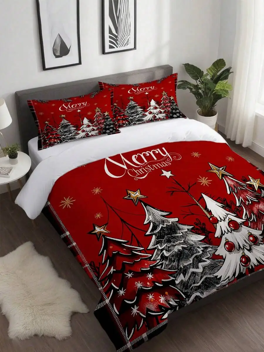 3pcs Grid Christmas Tree Print Duvet Cover Set (1*Duvet Cover + 2*Pillowcase, No Core) Christmas Theme Gold Silver Snowflakes