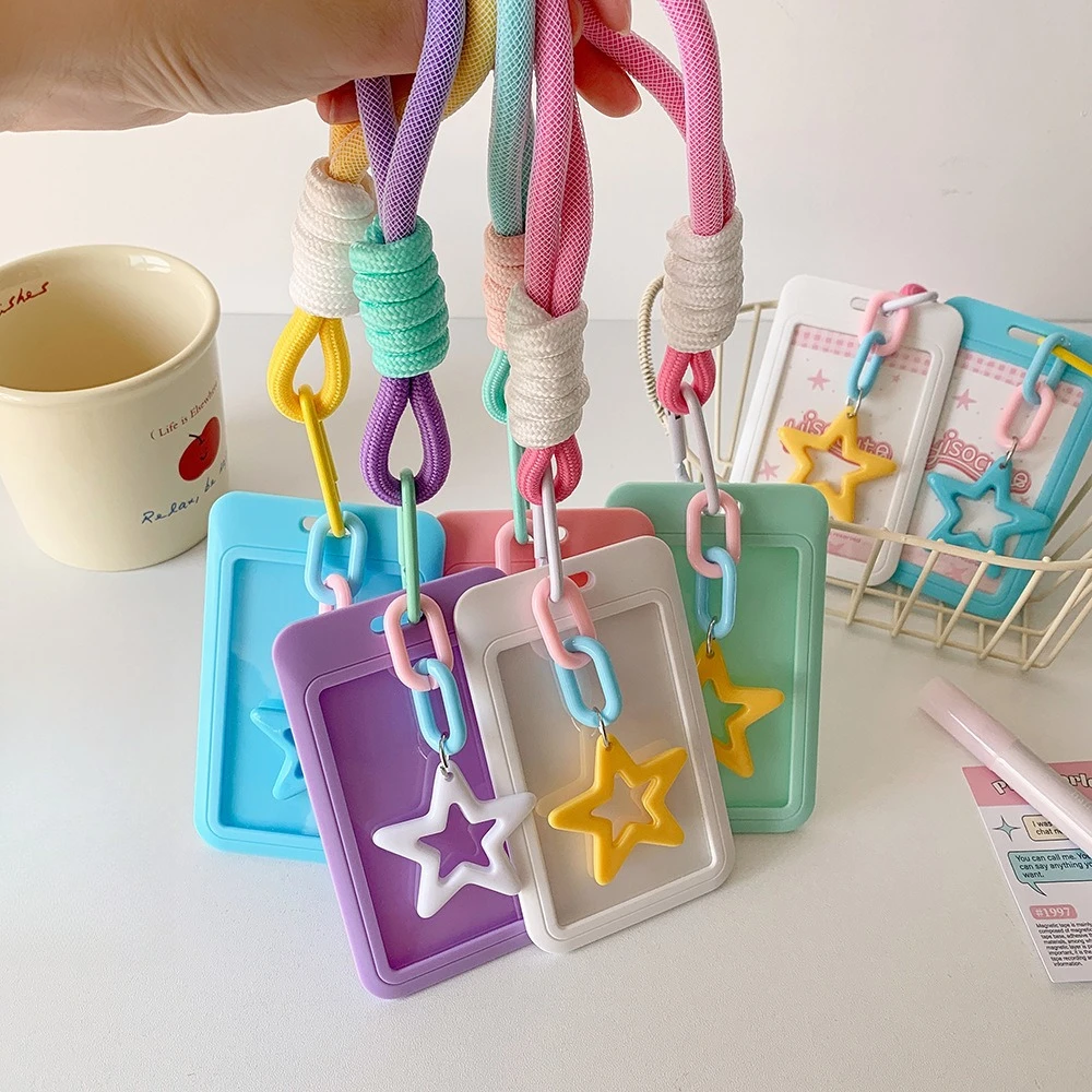 Cartoon Star Card Holder with Lanyard, Candy Color ID Badge Sleeve for Bus Card, Sliding Cover Keychain Card Case