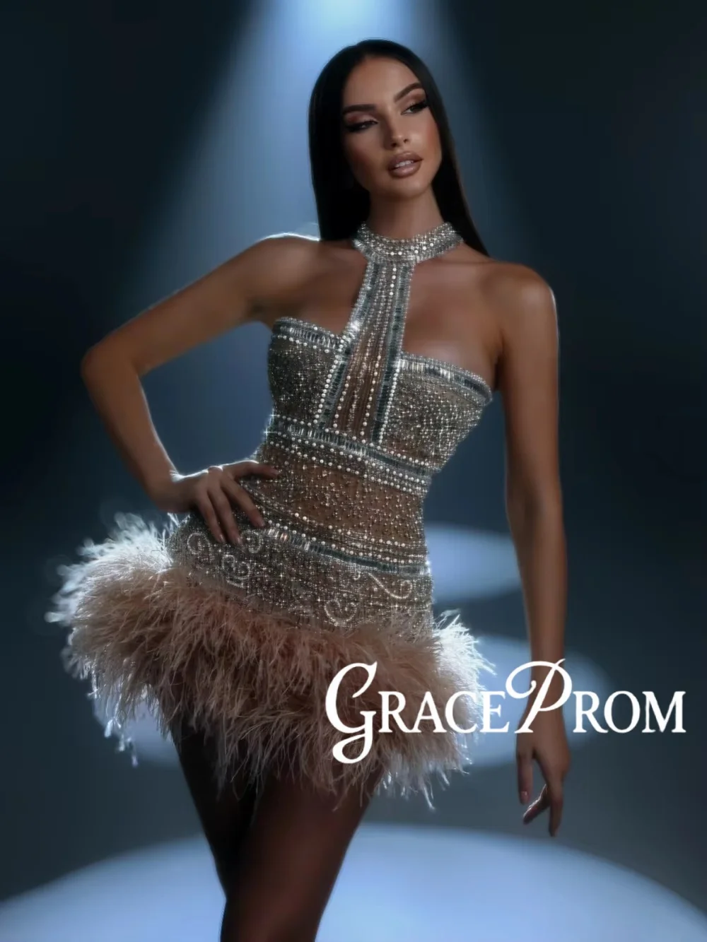 

Ослепительное мини-вечернее платье с кристаллами и бисером с перьями, роскошные платья без рукавов с лямкой на шее, коктейльное платье по индивидуальному заказу