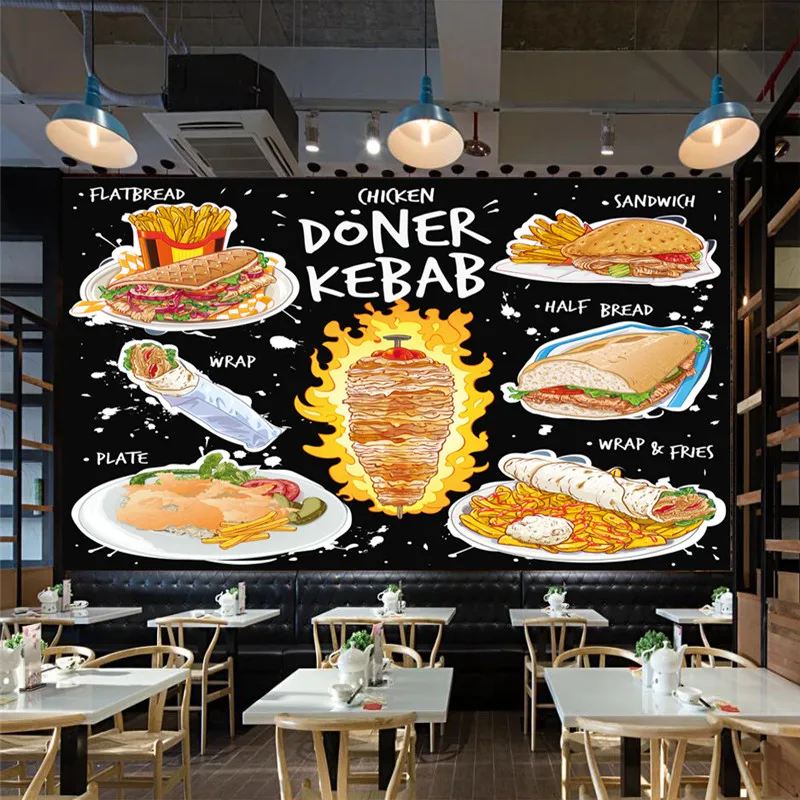 Custom 3D American Fast Food Mural Wallpaper Chicken Doner Kebab Snack Bar Restaurant Industrial Decor Background Wall Paper 3D