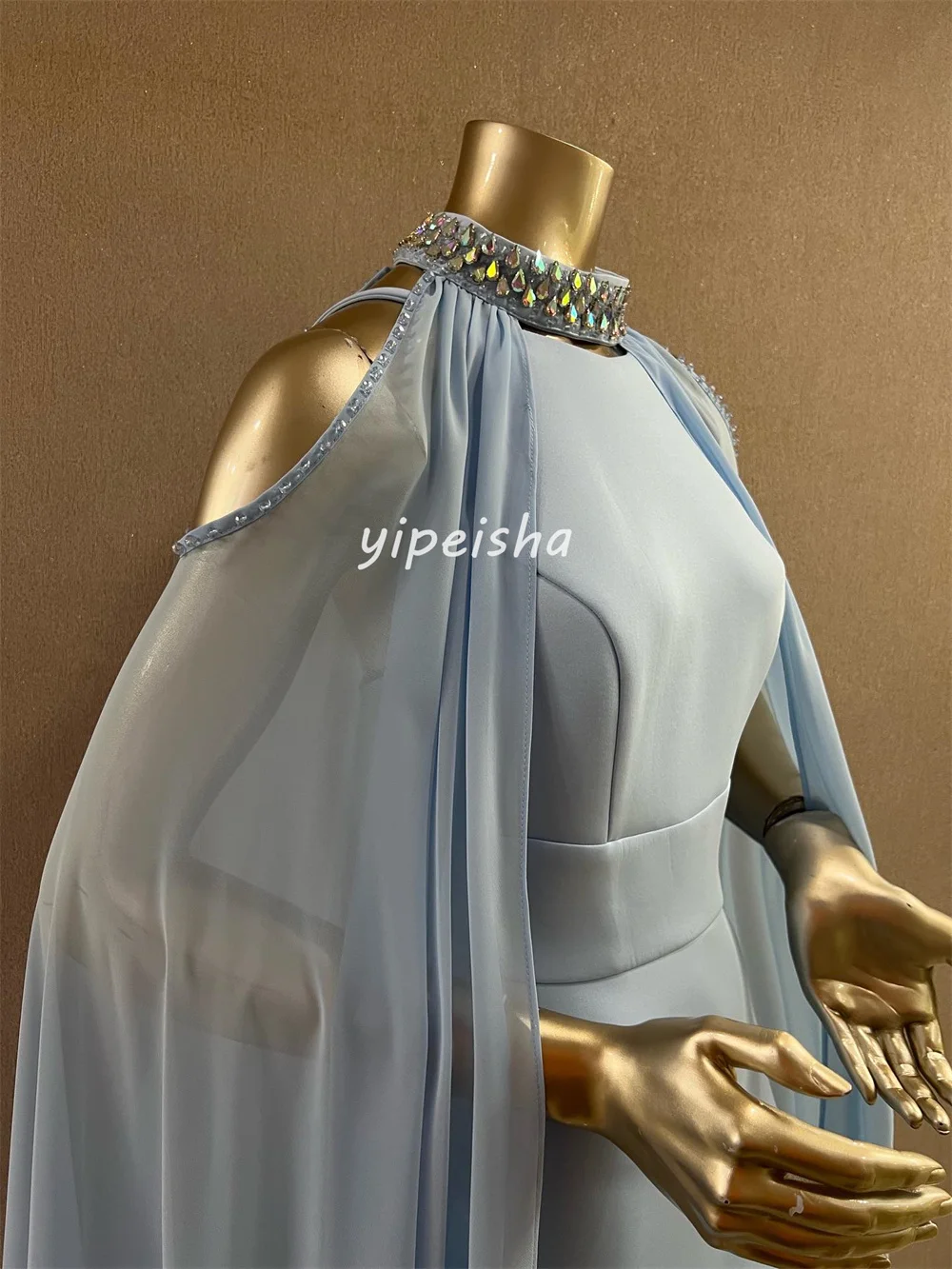 Элегантный трикотаж высокого качества по индивидуальному заказу со стразами, плиссированные колонны с высоким воротником, платья чайной длины, классические платья на заказ