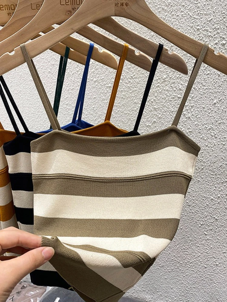 Sleeveless Sexy Crop Top 2026 Summer Striped Open Back Women Camisole Fashion Icy Silk Tank Top Versatile Inner Wear Outer Wear