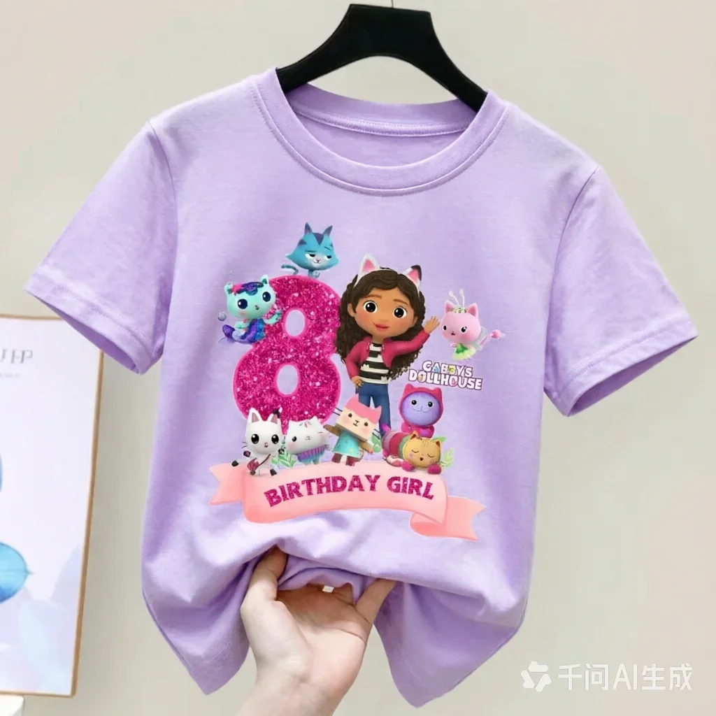 Gabbys Dollhouses Geburtstags-T-Shirt für Mädchen, weiß, rosa, kurzärmelig, Oberteile, Baumwolle, Sommer, Freizeit, Partyartikel, T-Shirt. – Detail 13