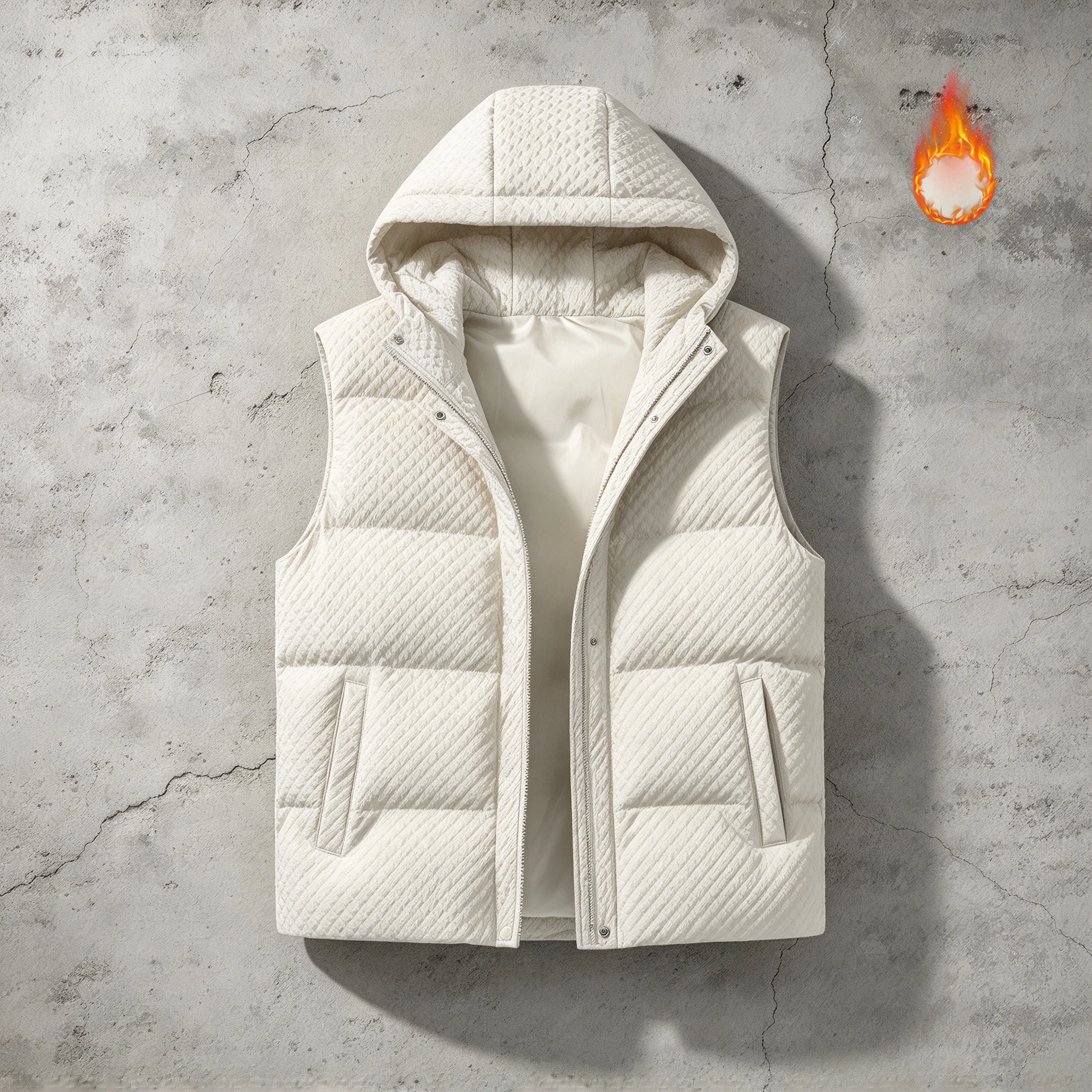 Men Hooded Padded Gilet Diamond Embossed Texture Sleeveless Cotton Vest Winter Warm Zip Up Waistcoat Outdoor WindproofSleeveless