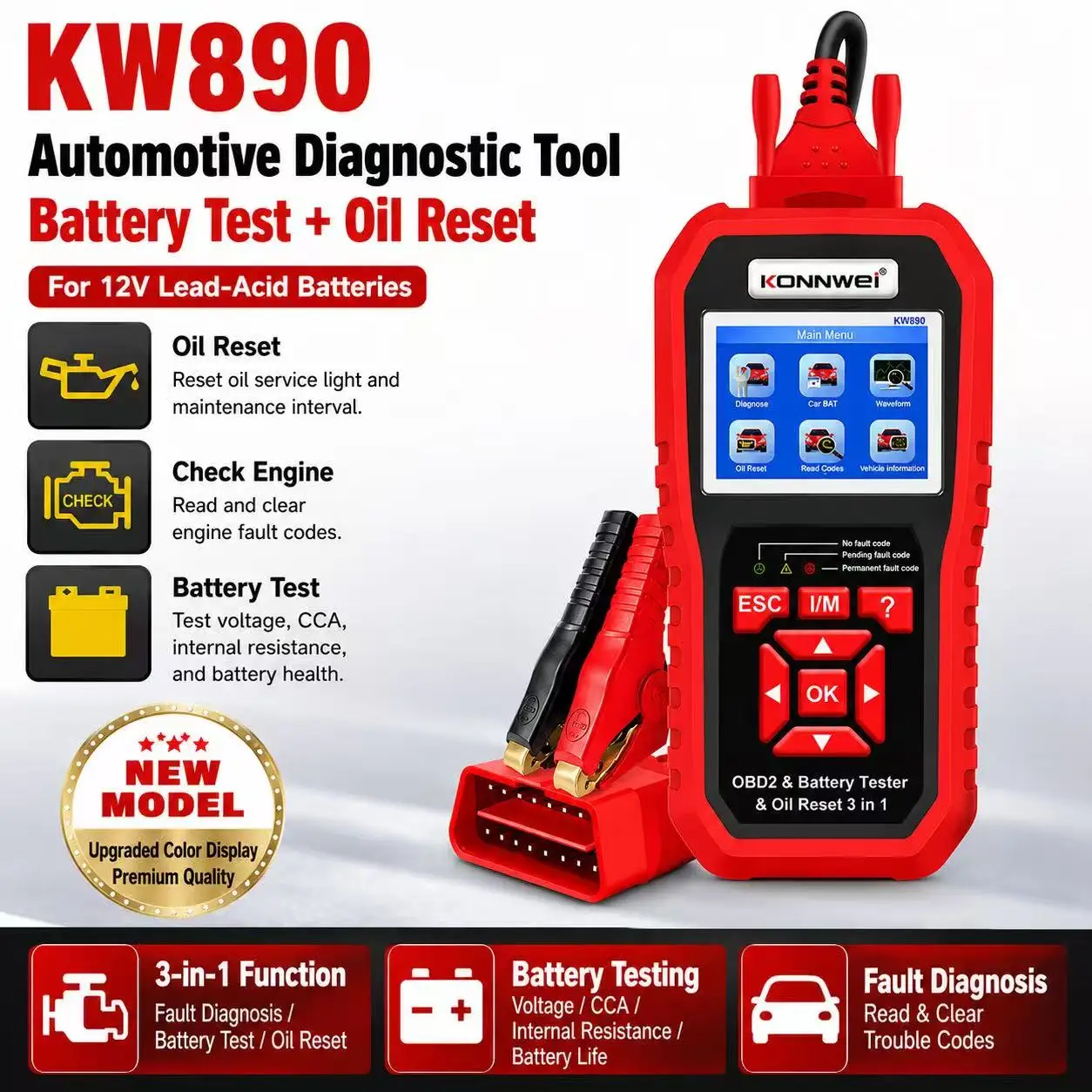 KONNWEI KW890 3 in 1 OBD2 Scanner Car Fault Diagnostic Tool 12V Lead-Acid Battery Tester Oil Service Reset Tool