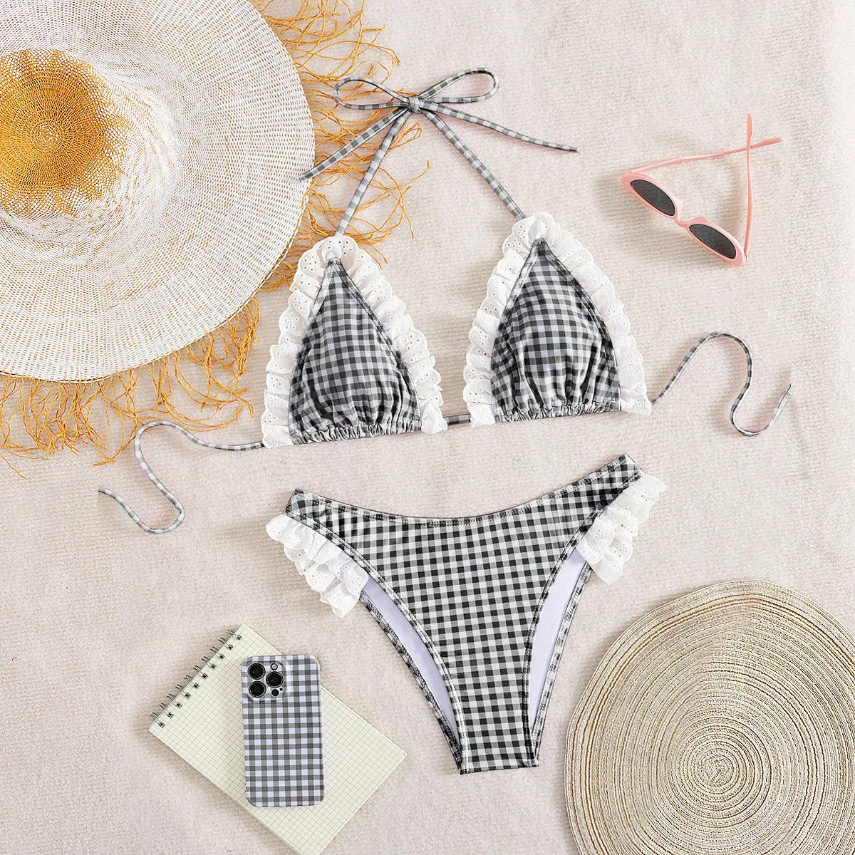 sexy white lace black plaid bikinis sets two pieces back tie thong swimsuits bathing suit swimwear trikini biquini tankini