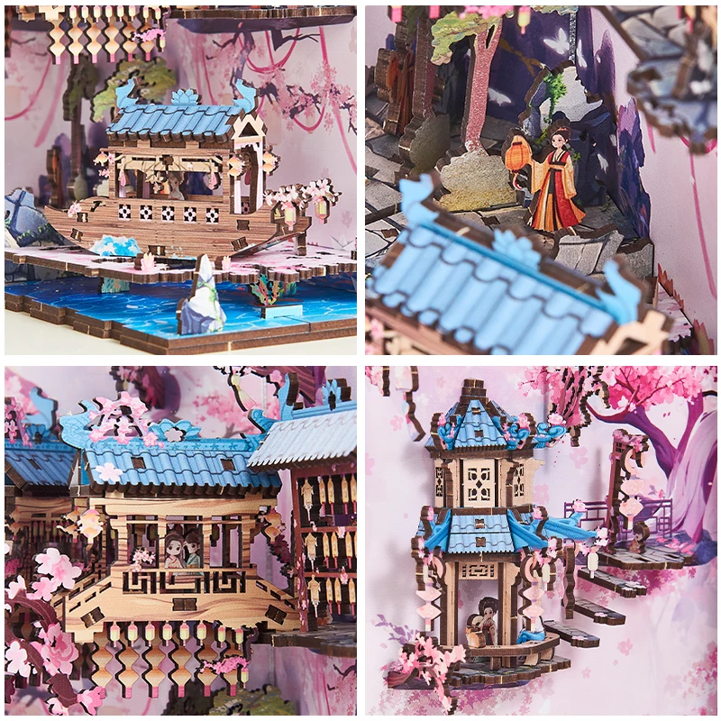 DIY Holz Buchecke Regal Einsatz Kit Frühling Kirschblüte Buchstütze Miniatur Modell Kits Bücherregal für Freunde Geburtstagsgeschenke