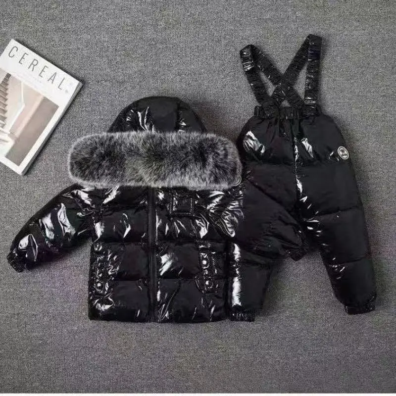 2025 New Winter Kids Boutique Clothing Two-Pieces Sets Down Jacket Suspender Trousers Big Fur Collar Warm Soft Unisex Ski Suit