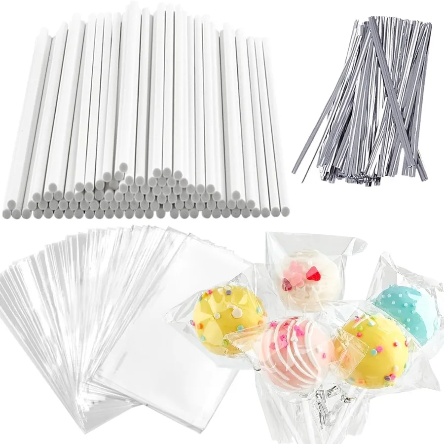

360 PCS Cake Pop Sticks and Wrappers Ties Kit Including 120ct 6inch Paper Lollipop Sticks 120ct Cake Pop Parcel Bags 100ct Silv