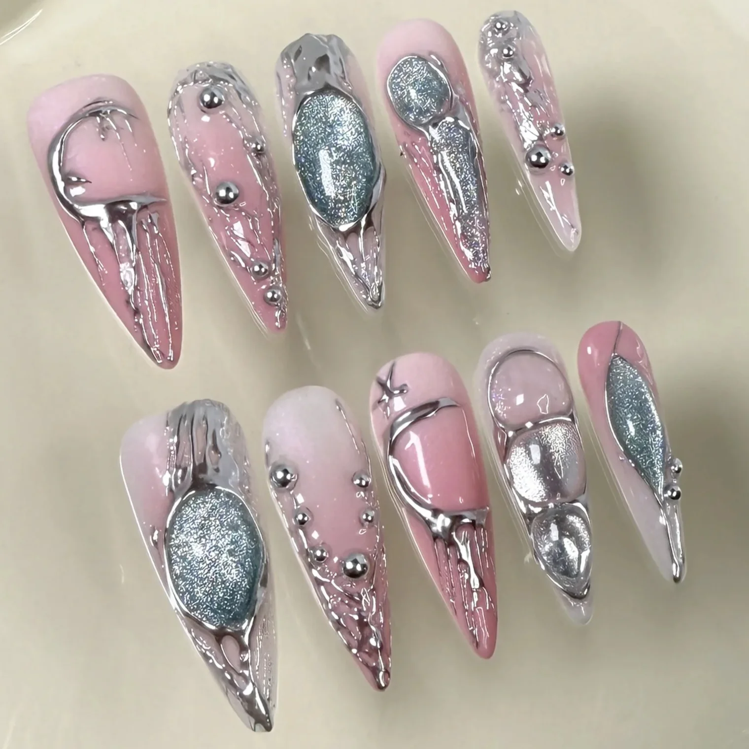 

Elegant Artistic Press On Nails Pink Silver Metallic Drip Glitter Design For Fashion Pink Silver With Metallic Drips Glitter