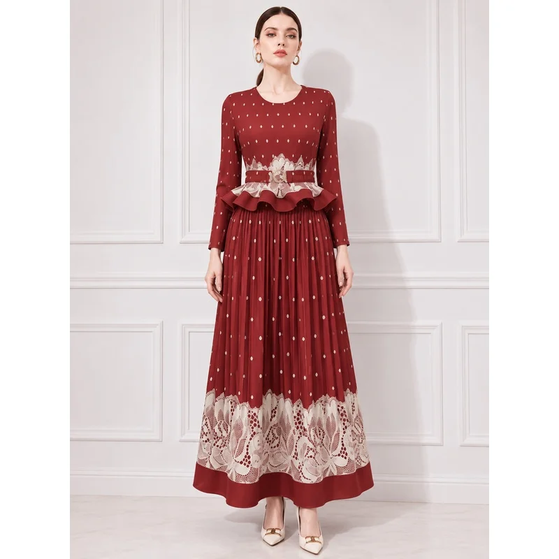 Miyake Lace Patchwork Pleated Dress Round Neck Long Sleeve Ruffled Plus Size Design Fold Polka Dot Strechy Party Club Dresses