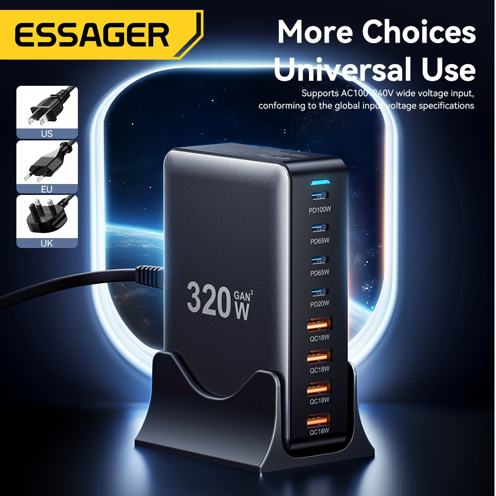 Essager 320W GaN Charger 8Port USB Type C Desktop Charging Station PD 100W Fast Charging For iPhone 16 15 14 iPad MacBook Laptop