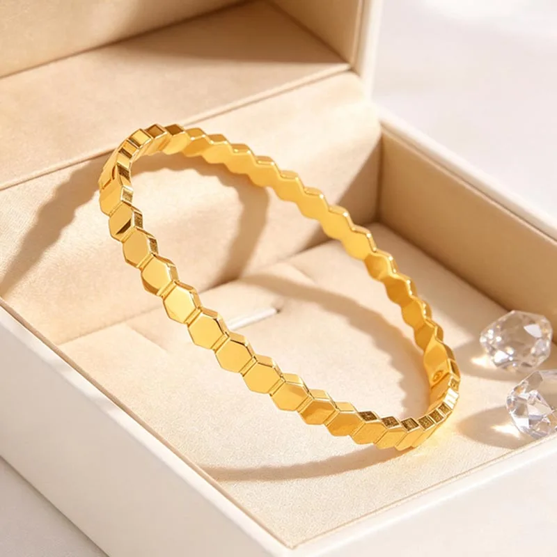 Stainless Steel Hexagonal Honeycomb Bangle Bracelets for Women Waterproof Geometric Charm Stackable Wrist Jewelry Gift