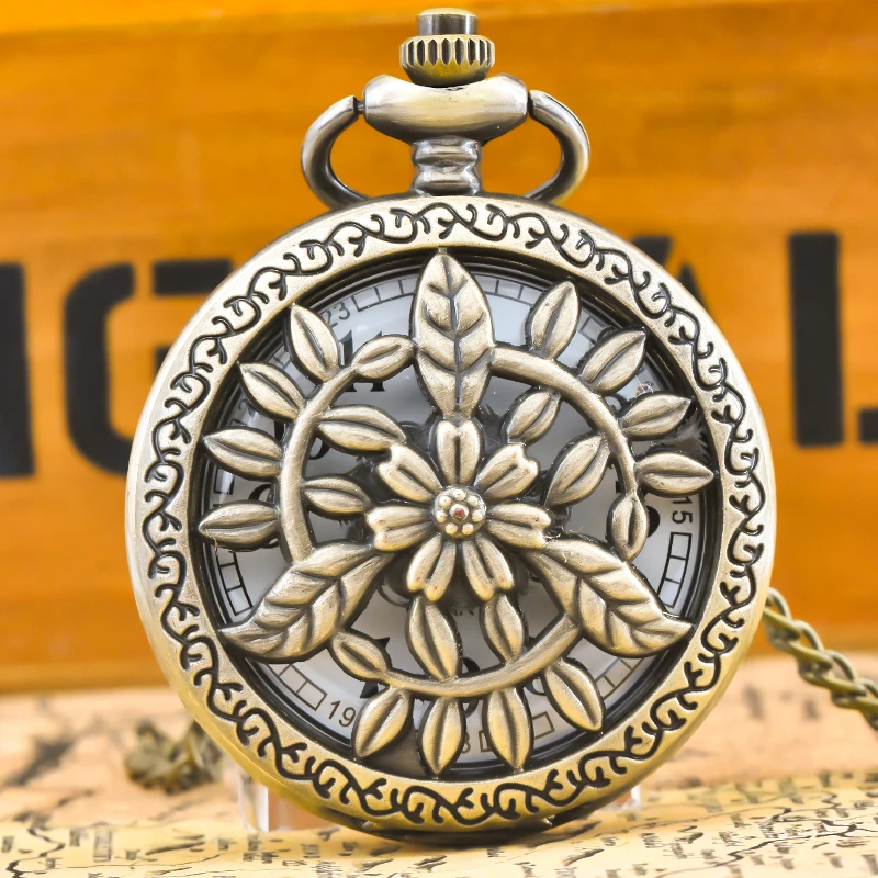 الرجعية البرونزية Steampunk مخرمة الأزهار الوجه الأعلى الذكور والإناث طالب هدية الكوارتز قلادة ساعة الجيب التذكارية